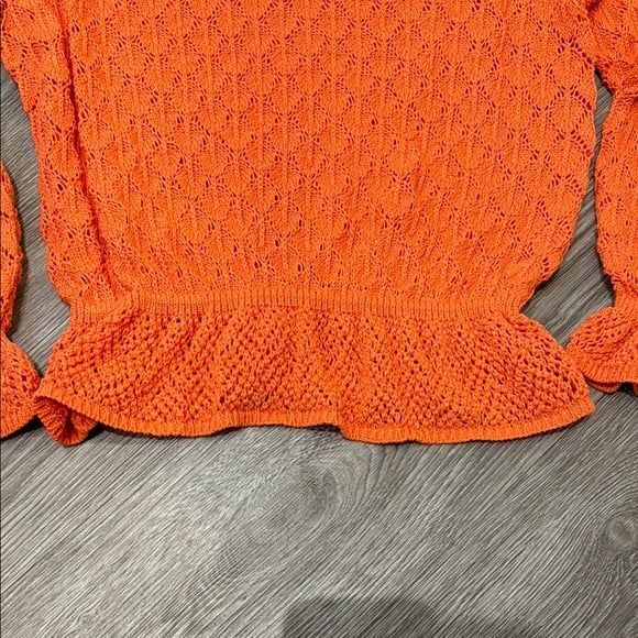 BY ANTHROPOLOGIE FLOUNCE-HEM POINTELLE SWEATER crew neck size L - tangerine - Picture 7 of 11